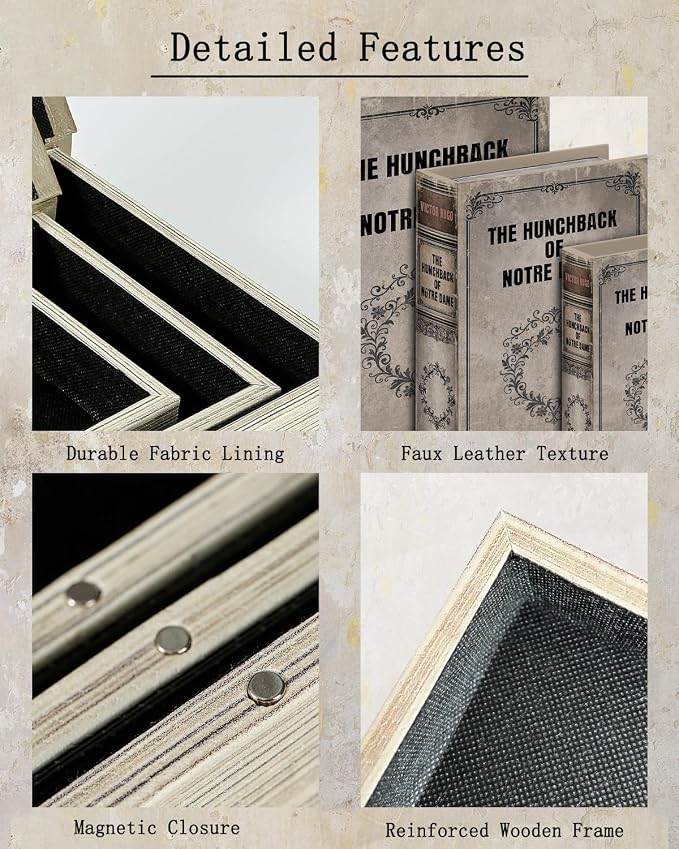 Vintage Faux Leather Decorative Book Box Set of 3 – Wooden Secret Storage Box with Magnetic Closure, Hidden Organizer for Bookshelf, Desk, or Office Decor (The Hunchback of Notre Dame)