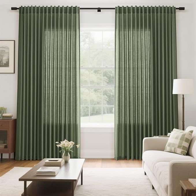 Olive Green Large Window Curtains Light Filtering Semi Sheer Privacy Linen Textured Curtain for Patio Sliding Glass Door Extra Wide Rustic Farmhouse Drapes for Living Room Bedroom Sunroom 100x90 Inch