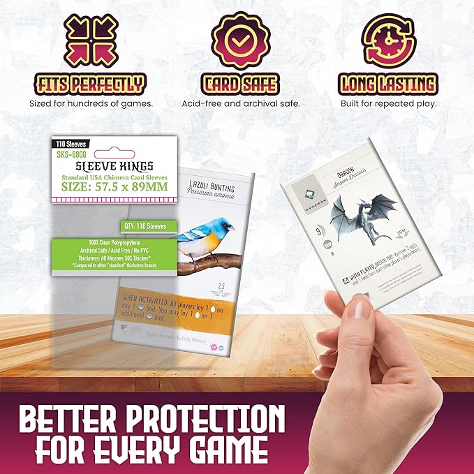 Sleeve Kings Standard Card Sleeves – 110 Count, Clear 60 Micron Thickness, Medium Size (57.5 x 89 mm), Compatible with Wingspan & More – SKU: SKS-8808