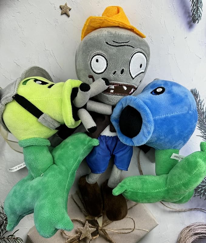 JHESAO 3 PCS Plants and Zombies PVZ Plush Toys - Brown Coat Gatling Peashooter, Ice Peashooter, Conehead Zombies Plushies New