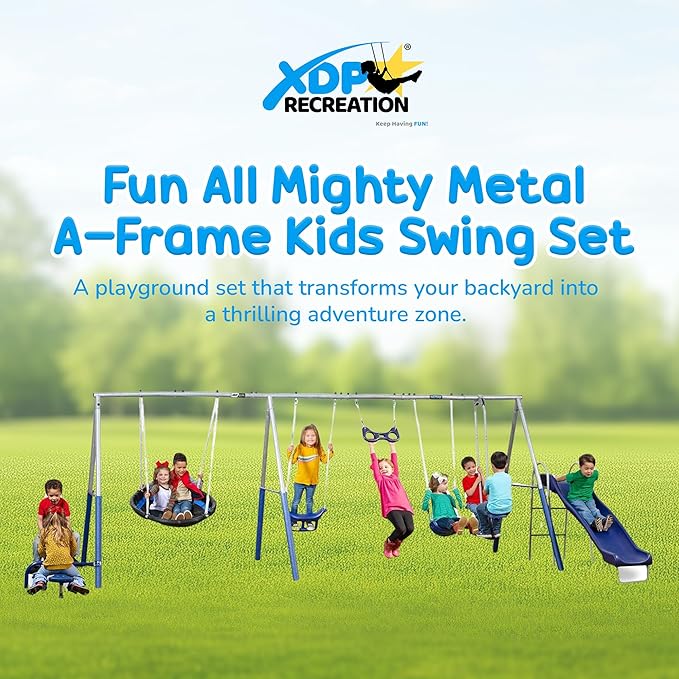 XDP Recreation Fun All Mighty Metal A-Frame Kids Swing Set with 10 Child Capacity Outdoor Backyard Home Playground with Slide and 5 Swing Types,