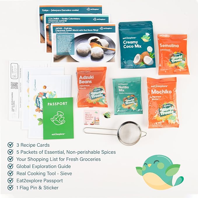 Kids Real Dessert Baking Kit for Families | Includes 3 Recipe Cards from Japan, Turkey and Columbia with Key Ingredients, Baking Tools, Fun Kids Explorer Guide | Explore World
