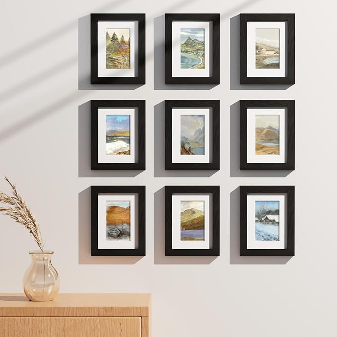 Vittanly 6x8 Picture Frames Set of 9 for Wall or Tabletop Display, Black | Display Pictures 4x6 with Mat or 6x8 without Mat, Small Photo Frames, Engineered Wood with Shatter Resistant Plexiglass