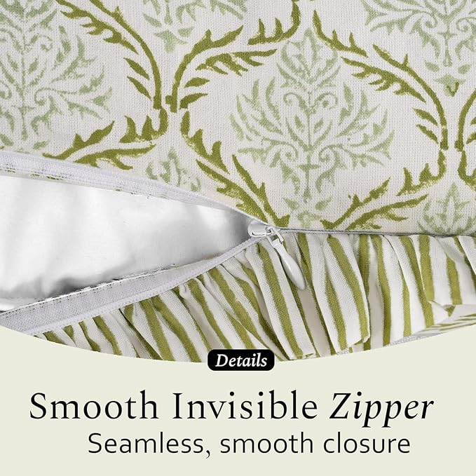 CPC Fern Regal Hand Block Print 100% Cotton Ruffle Throw Pillow Cover 24x24 inch with Hidden Zipper Decorative for Couch, Bed, Sofa, Farmhouse, Cottagecore Decor Gift Christmas Fall Thanksgiving