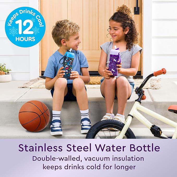 Bentgo® Kids Stainless Steel Insulated Water Bottle - Leak-Proof; Keeps Cool for 12 Hours; Durable, BPA-Free, Dishwasher Safe 14 oz. Cup for Ages 3+ for School/Sports/Daycare (Unicorn)