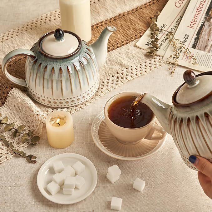 Sweese Ceramic Teapot, Beaded Retro Flower Glaze, 1100ml/37 oz Large Tea Pot for Loose Tea or Bags, Enough for 4 Cups, Nebula Amber