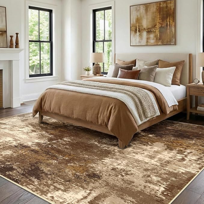 RELEANY Washable Area Rugs 6'x9' Non-Slip Modern Abstract Soft for Living Room Entryway Bedroom Kitchen, Print Pattern, Brown Tan Beige Coffee