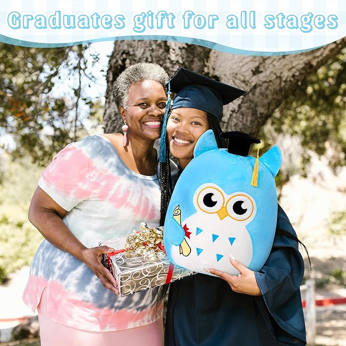 Graduation Plush, Soft Owl Stuffed Animals with Blue Body and Ears, Black Graduation Cap, Fringe and Diploma, Cute Pillow Toys Graduation Gift Plush Stuffed Animal Party Decoration(Blue)