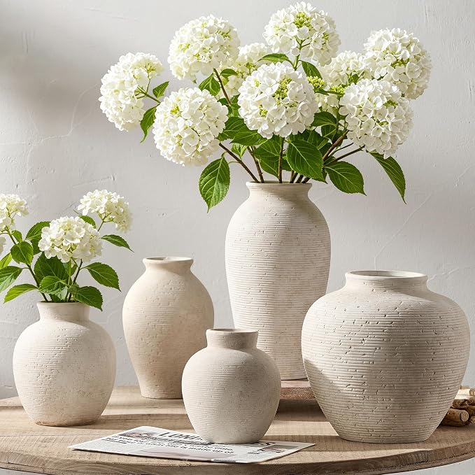 Vanselia Ceramic Flower Vase Home Decor - Farmhouse Table Vases Rustic Vintage Living Room Kitchen Bedroom Decorations for House Book Shelf Office Coffee Desk Dining Fireplace (7.4" Rustic)