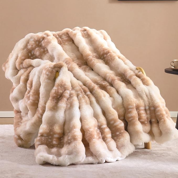 Faux Rabbit Fur Throw for Couch - Deer Brown Bubble Blanket 60"x80" | Fluffy Plush Fuzzy Fawn Throw for Sofa & Bed, Super Soft Cozy Comfrt Blanket,Luxury Aesthetic Deer Print Decor Gift for Women