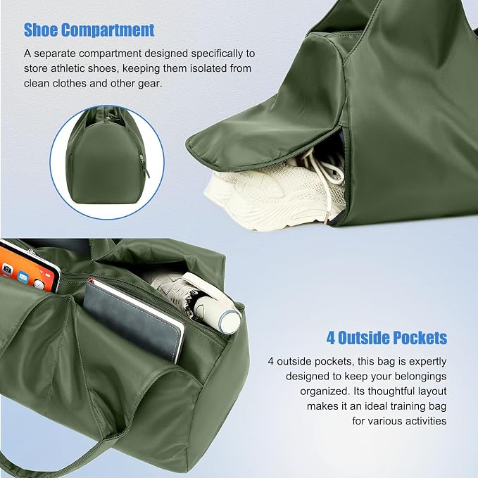 forestfish Yoga Gym Bag for Women with Shoes Compartment & Wet Dry Storage Pockets Lightweight Duffel Bag, Army Green