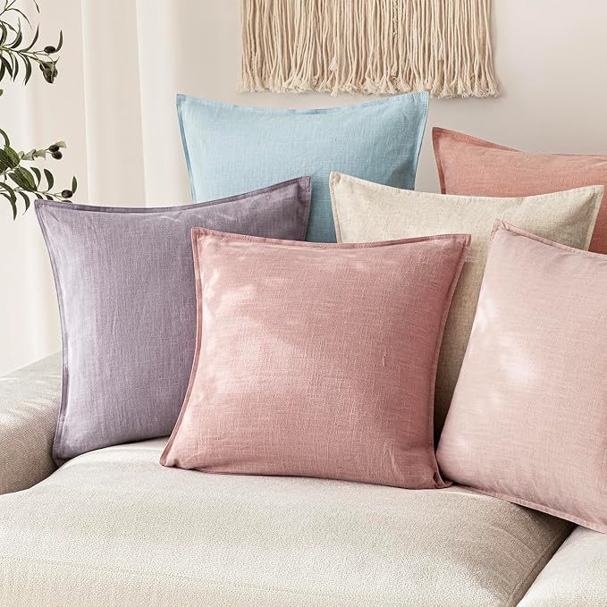 Foindtower Pack of 2, Decorative Linen Solid Throw Pillow Covers Soft Accent Cushion Euro Case Boho Farmhouse Pillowcase for Chair Couch Sofa Bedroom Living Room Home Decor 26 x 26 Inch Rose Pink