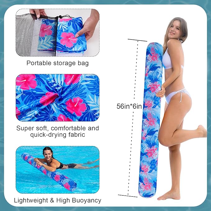 Inflatable Swimming Pool Noodle, 2 Pack Soft Fabric Quick Drying Covered Large Pool Floats Noodles, Premium Buoyancy Swim PoolFloats with Portable Storage Bag for Pool Party Toy