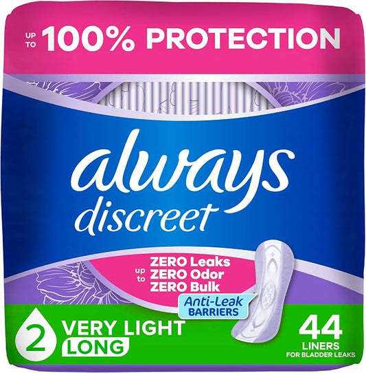 Always Discreet Incontinence Panty Liners for Bladder Leaks, Size 2, Very Light Absorbency, Long Length, 44 CT