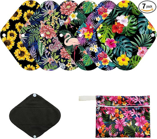 7pcs Pack Cloth Pads Including 1pc Mini Wet Bag +6pcs Bamboo Charcoal Cloth Reusable Menstrual Pads/Reusable Sanitary Pad/Mama Panty Liners (All Randomly Prints)