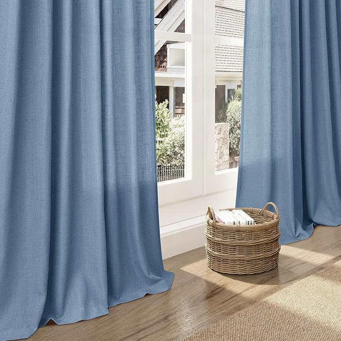 Stone Blue Linen Curtains 90 Inch Length for Bedroom Living Room Back Tab Rod Pocket Light Filtering Semi Sheer Modern Farmhouse Coastal Decor Curtain Cotton Textured Gauze Drapes for Office 52x90