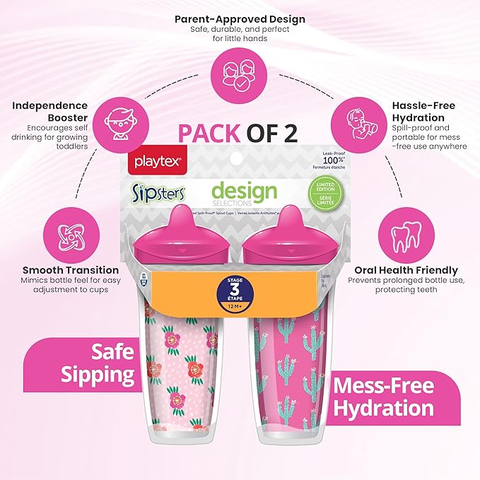 Playtex Baby Sipsters Hard Spout Sippy Cup for 12+ Months, 9 Ounce (2 Count), Pink Rose & Cactus Design, Insulated Toddler Water Bottle for Kids, Spill-Proof Cups for Toddlers 1-3, Stage 3