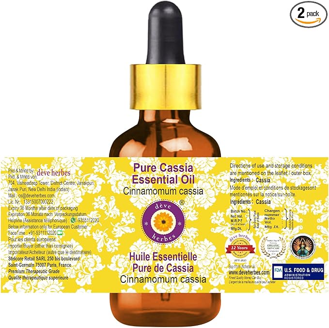 Deve Herbes Pure Cassia Essential Oil (Cinnamomum Cassia) with Glass Dropper Steam Distilled 100ml (3.38 oz)