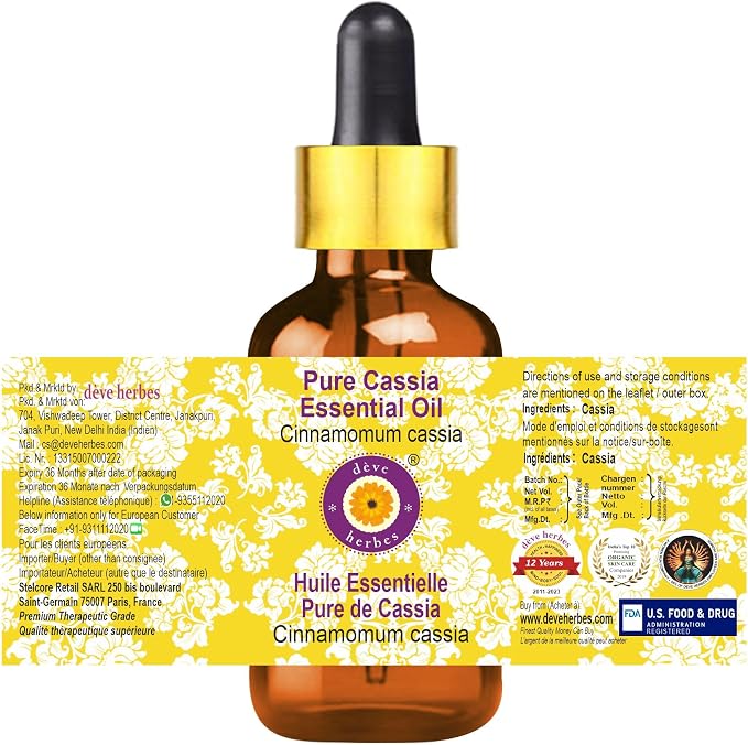 Deve Herbes Pure Cassia Essential Oil (Cinnamomum Cassia) with Glass Dropper Steam Distilled 50ml (1.69 oz)