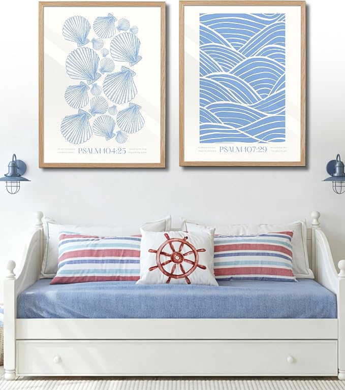 EcoHest 18x24 in Psalm 104:25 Coastal Seashell Framed Christian Wall Art | Solid Oak Wood Frame with Canvas Wall Art, Scripture Bible Verse Decor for Bedroom, Living Room, Office, Church, 1Pack
