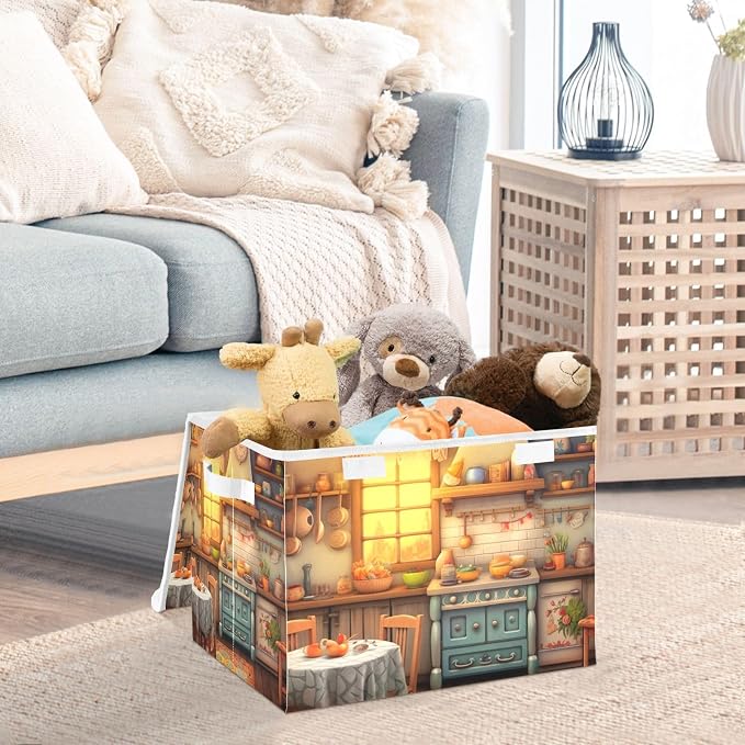 Rustic Kitchen Pattern Storage Bins with Lids and Carrying Handle,Foldable Storage Boxes Organizer Containers Baskets Cube with Cover for Home Bedroom Closet Office