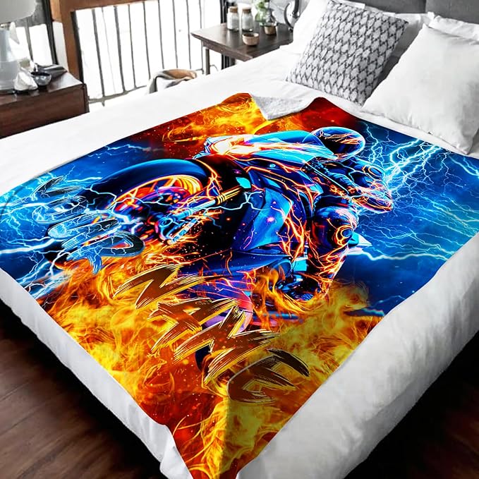 Boys Personalized Blanket Gift Motorcycle Throw Blankets for Kids Teens, 50x60 Inches Soft Cozy Custom Decor Throw for Sofa Chair Couch Bed Office