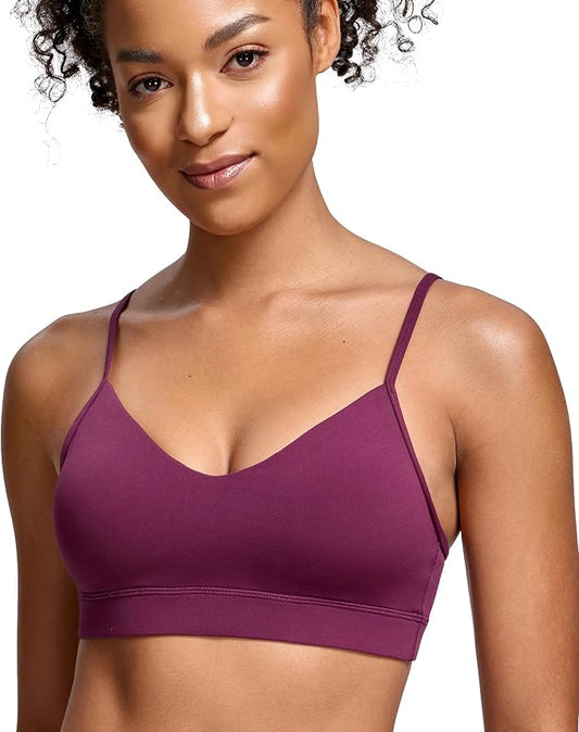 Oalka V Neck Sports Bra for Women Adjustable Padded Thin Straps Wireless Yoga Bras
