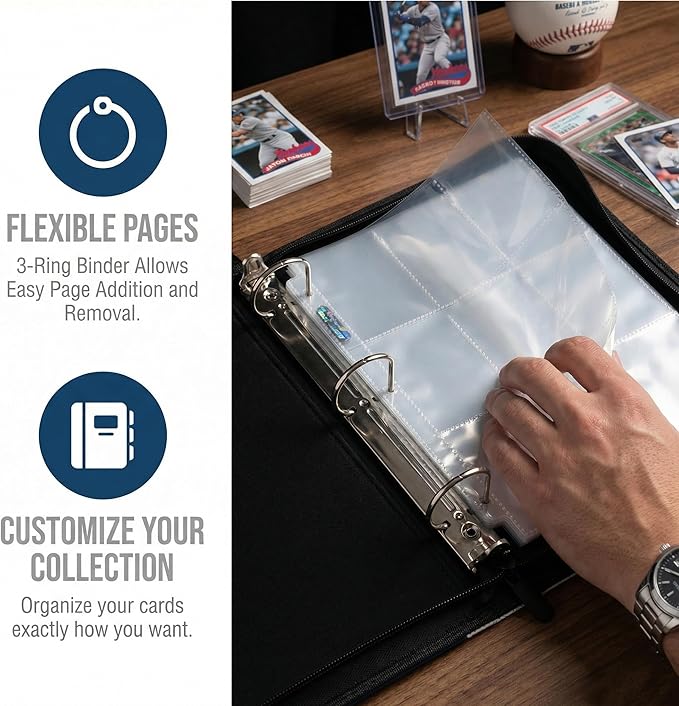 HBK Baseball Card Binder 900 Pockets Trading Card Holder Album with 50 Pages 3 Ring Sports Card Storage Case Waterproof PU Leather Gift for Collectors