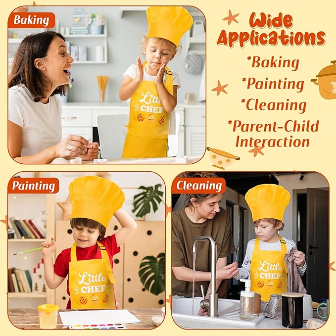 R HORSE Kids Chef Hat and Apron, Adjustable Kids Aprons with Pocket, Yellow Chef Kitchen Apron Girls Boys Kitchen Toddler Aprons for Cooking Baking