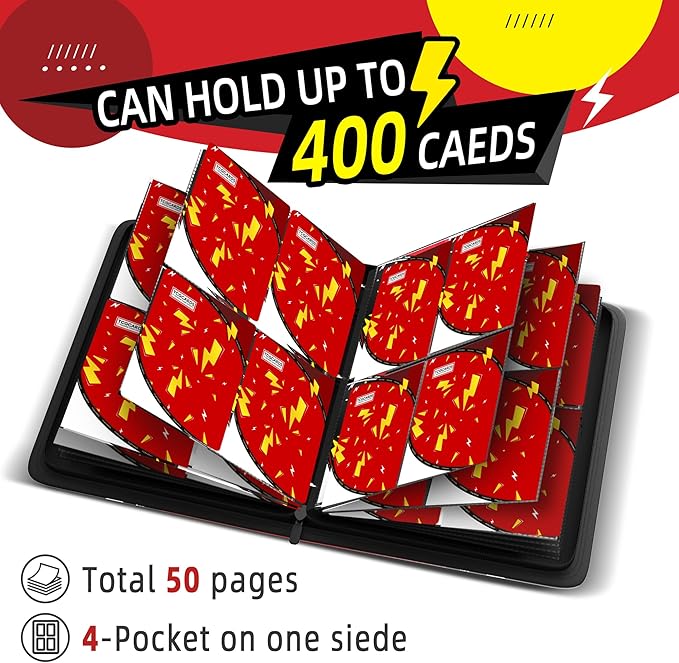 Trading Card Binder 4 Pocket,400 Pocket Card Collection Binder with 50 Removable Sleeves,PU Waterproof Top Card Book,3-Ring Zipper Collectible Trading Card Album for MTG/TCG/Card Holder Gift（Red）