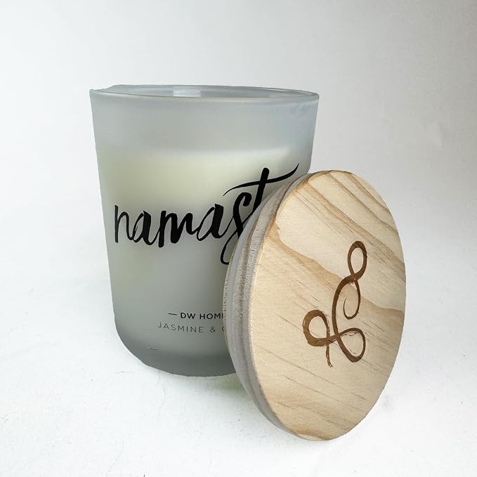 DW Home Namaste Jasmine & Chai Scented Candle – Hand-Poured, 15 oz, Aromatherapy Candle with Natural Wooden Lid, Frosted Glass Jar, Relaxing Floral and Spiced Tea Fragrance