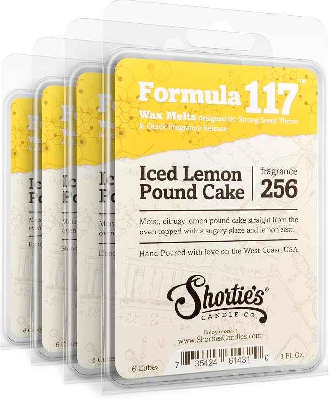 Shortie's Candle Company Iced Lemon Pound Cake Premium Wax Melts 4 Pack - 12 Oz., Strong & Long Lasting, Non-Toxic - Made with Essential & Natural Oils - Formula 117