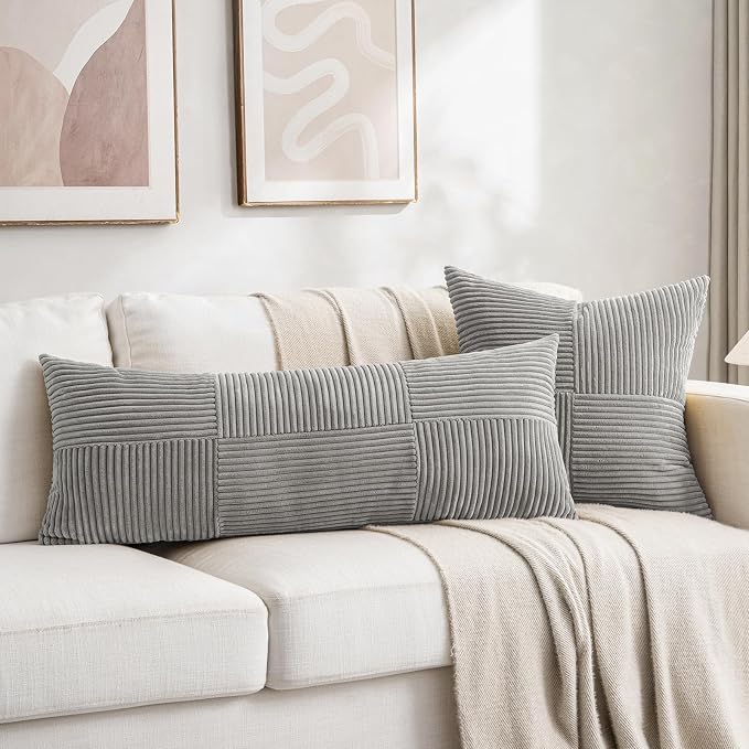 Fancy Homi Set of 2 Grey Boho Long Lumbar Body Decorative Throw Pillow Cover 14x36 Inch for Bed Couch Bedroom Bench, Soft Patchwork Corduroy Textured Pillow Case, Rustic Farmhouse Room Décor