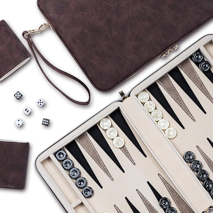 Backgammon Sets for Adults, Classic Board Game with Folding Leather Backgammon Case, Portable Travel Backgammon Game Set (Brown)
