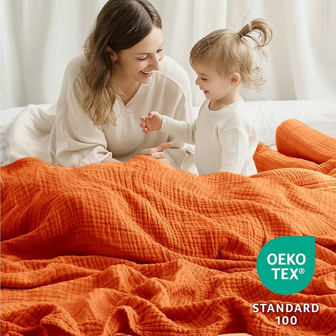 100% Cotton Muslin Blanket California King 120" x 90", 6 Layers Breathable and Lightweight Oversized Blankets for Bed, Soft Cooling Gauze Blanket for Adults All Season, Burnt Orange