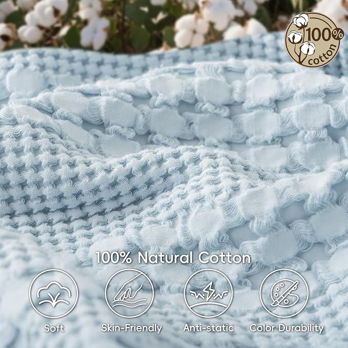 PHF 100% Cotton Waffle Blanket Twin Size, Lightweight Breathable Summer Blanket for Hot Sleepers, Pre-Washed Soft Layer for Bed, Dorm, Couch & Guest Room, Home Decor Gift, 66"x90", Sky Blue