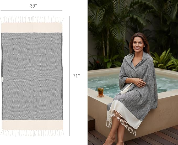 Bazaar Anatolia Turkish Beach Towel 100% Cotton Bath Towels 71x39 Quick Dry Sand Free Lightweight Large Oversized Herringbone Black
