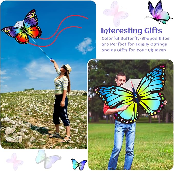 Silipull 2 Pcs Butterfly Kite 55" x 28" Large Kites with 328ft Kite String Beach Colorful Kites for Adults Beginner Outdoor Supplies (Rainbow and Blue)