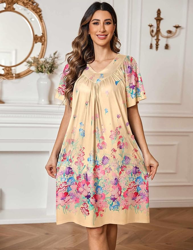 Ekouaer Womens House Dress Floral Print Nightgown with Pockets Mumu Dress