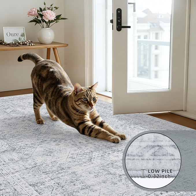6x9 Area Rugs for Living Room: Vintage Boho Neutral Washable Rug Indoor Soft Large Area Rug Carpet for Bedroom Nursery Farmhouse Dining Room Office Floor Non-Slip Low Pile Under Table Rug Gray