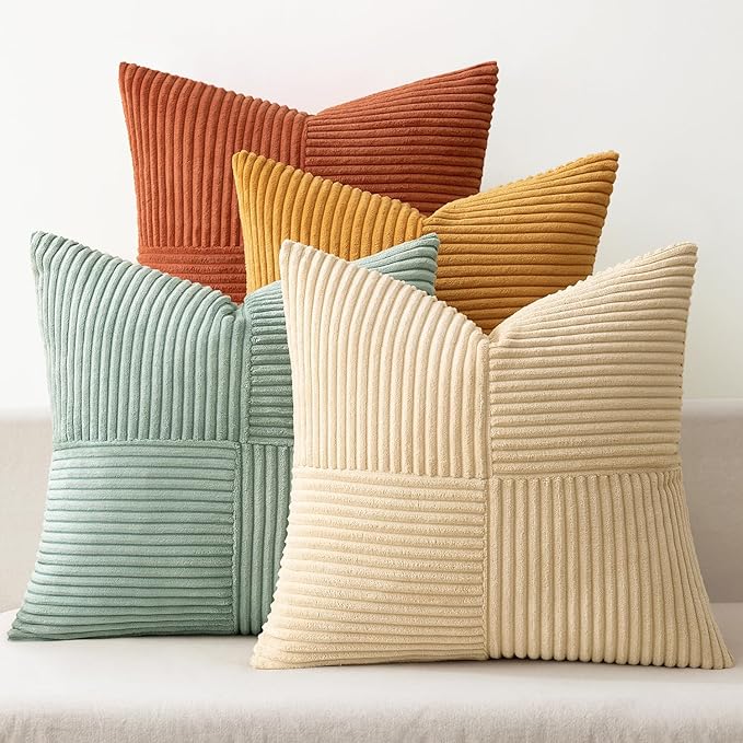 MIULEE Fall Teal-Orange Decorative Throw Pillow Covers 24x24 Inch Set of 4 Boho Corduroy Striped Cushion Cases Modern Farmhouse Patchwork Pillow Cases for Couch Sofa Bedroom Home Decor
