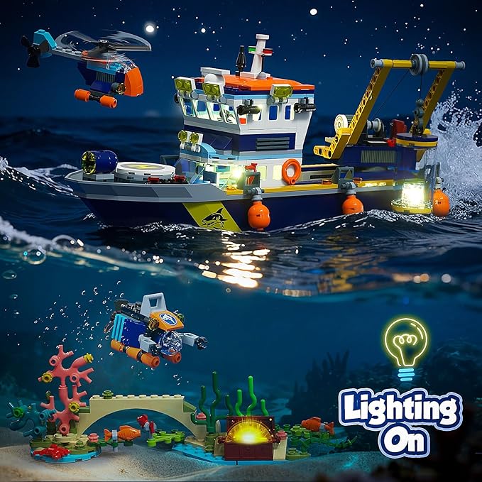 City Floatable Boat Building Set with LED Light, Fun Toy Gift for Kids Boys Girls 6 7 8 9 10+, Compatible with Lego Ocean Arctic Explorer Ship Building Block Kit, Christmas Decoration Party Favor