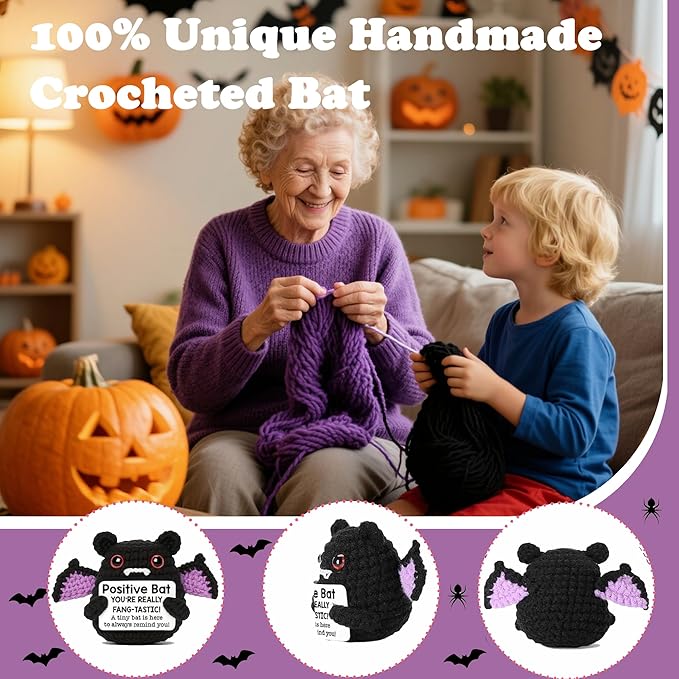 Mini Funny Handmade Positive Bat Crochet Animals Emotional Support Crochet Gift,Inspiring Gifts for Him Her,Men Women, Son Daughter,Birthday,Halloween