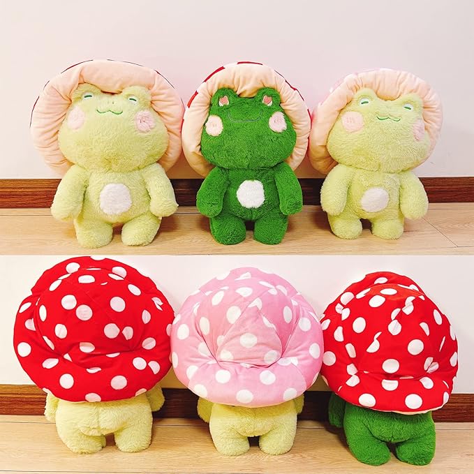 Frog Plush Cute Frog Mushroom Hat Stuffed Animals Kawaii Plush Toys Throw Pillow Home Room Decor Aesthetic Gift(Navy Green Frog Red Hat)