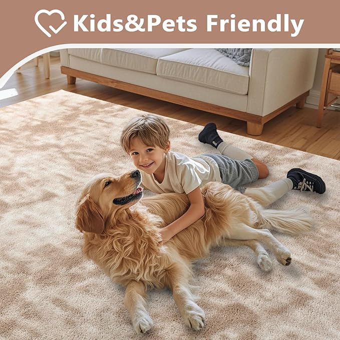 FinRèc 6x9 Washable Area Rugs for Bedroom Living Room, Low Pile Thin Ultra Soft Shag Rug, Non-Slip Carpet Indoor for Home Decor (Tie-dye Light Tan)