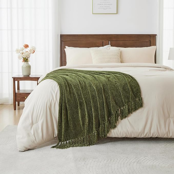 CozeCube Chenille Throw Blanket, Olive Green Fringe Blanket, 60"X80" | For Couch, Cozy Plush Fuzzy Decorative Blanket with Fringe Tassels, Lightweight Throws for Bed Sofa Gift Home Decor