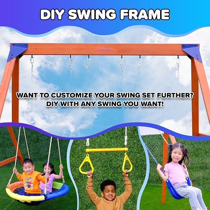 Sportspower Madison Cedar Wooden Swing Set: 2 Height Adjustable Swings and 2 Person Roman Glider Swing, Backyard Outdoor Playset for Kids