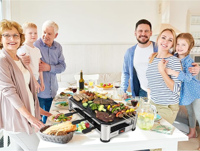TAMARIT 8-Person Raclette Grill, Electric Table Grill for family gatherings | 8 Nonstick raclette pans, 8 spatulas, 1500 W, Stainless Steel