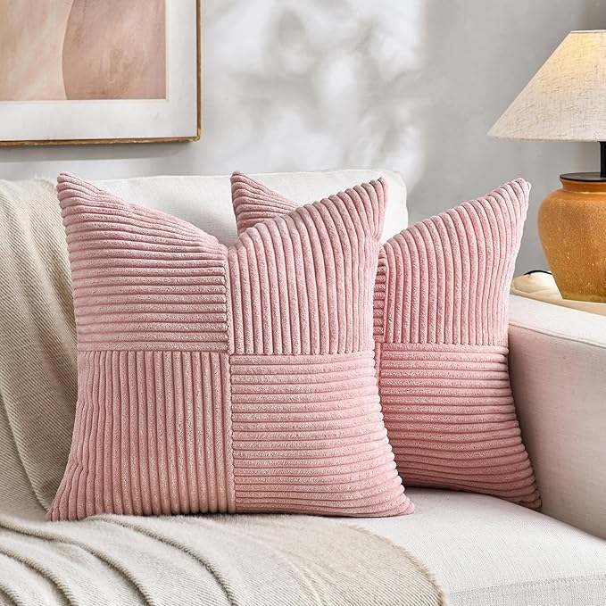 Fancy Homi 2 Packs Blush Pink Big Decorative Throw Pillow Covers 24x24 Inch for Living Room Couch Bed Sofa, Rustic Farmhouse Boho Home Decor, Soft Corss Corduroy Patchwork Accent Cushion Case 60x60 cm