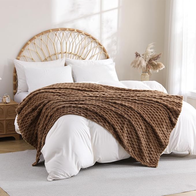 Brown Fleece Throw Blanket 60”×80” for Couch Sofa Bed Super Soft Cozy Plush Microfiber Flannel Blanket with 3D Jacquard Decorative Lightweight for Mom Woman